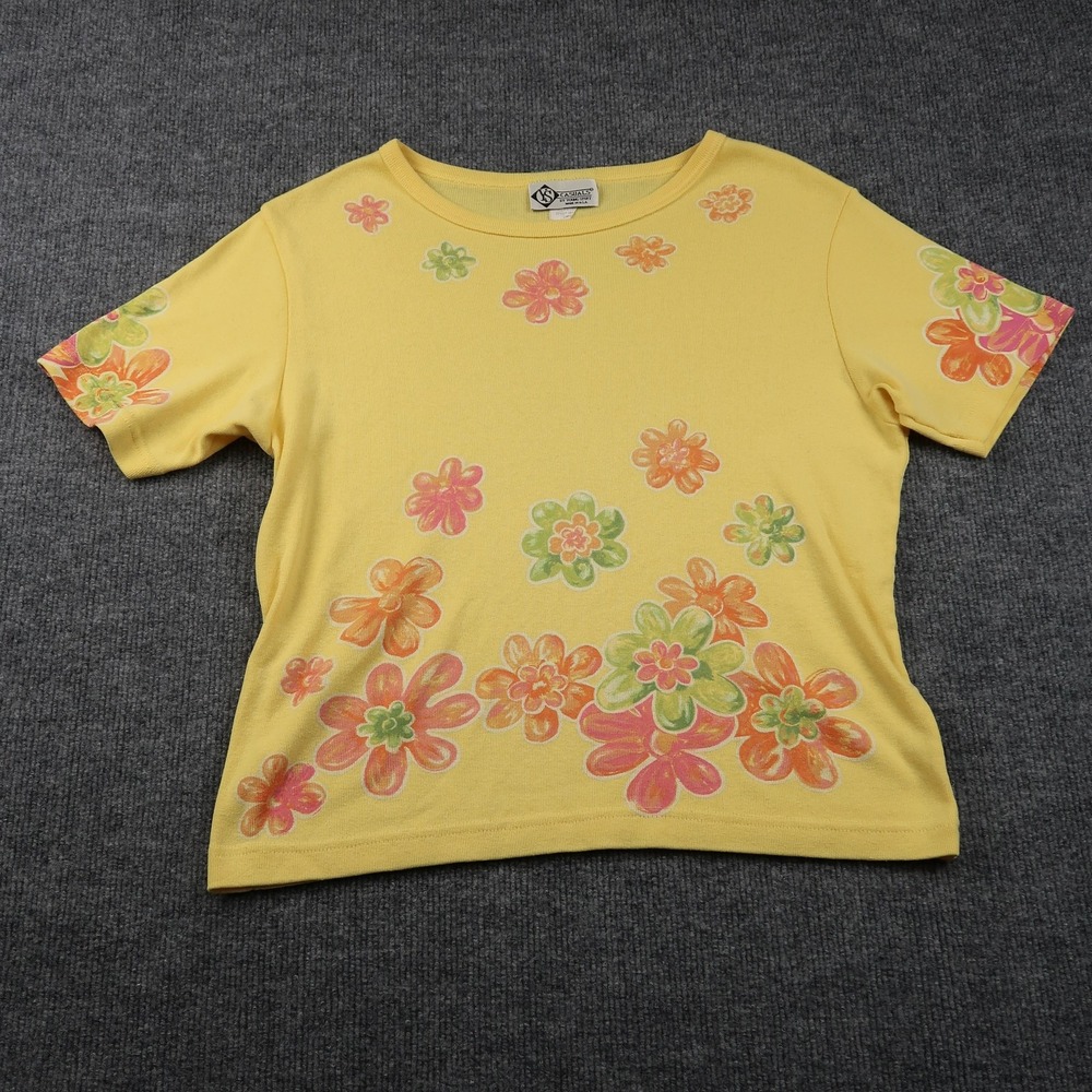 Vintage VS Casuals Shirt Womens Large Yellow Floral Print 90s Made in USA Tee